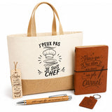 Coffret Cadeau J’peux pas je suis Chef – Sac jute, carnet, stylo, porte-clés et marque-page