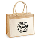 Sac Cabas Jute avec Poche J’peux pas j’ai Hockey