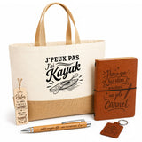 Coffret Cadeau J’peux pas j’ai Kayak – Sac jute, carnet, stylo, porte-clés et marque-page