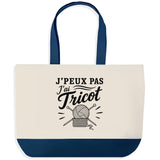 Grand Sac Cabas Fond Bleu J’peux pas j’ai Tricot