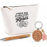 Coffret Cadeau J’peux pas je préfère m’occuper de mes Roses – Trousse, stylo bambou et porte-clés
