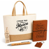 Coffret Cadeau J’peux pas j’ai Muscu – Sac jute, carnet, stylo, porte-clés et marque-page