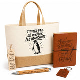 Coffret Cadeau J’peux pas je préfère les Manchots – Sac jute, carnet, stylo, porte-clés et marque-page