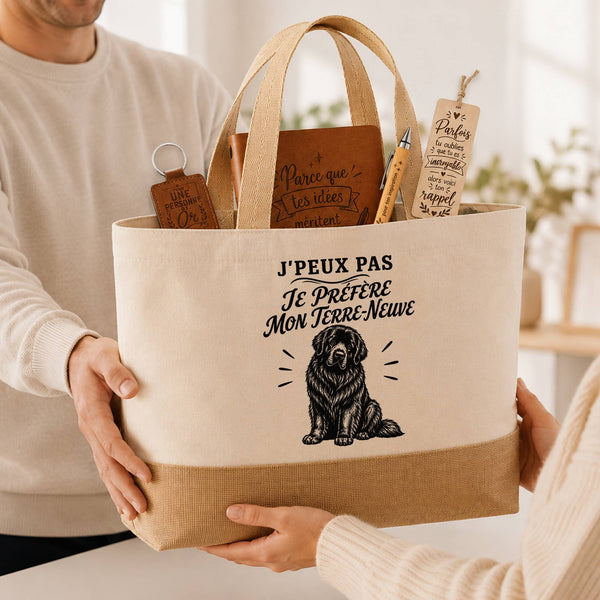 Coffret Cadeau J’peux pas je préfère mon Terre-Neuve – Sac jute, carnet, stylo, porte-clés et marque-page