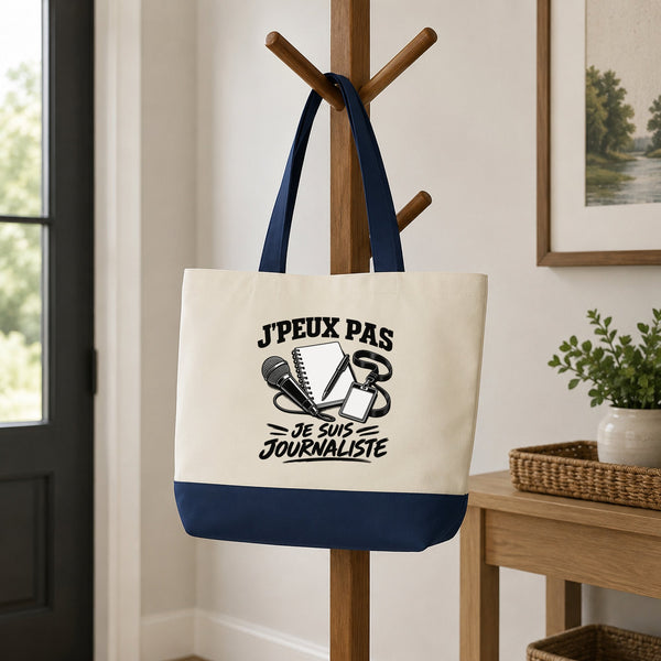 Grand Sac Cabas Fond Bleu J’peux pas je suis Journaliste