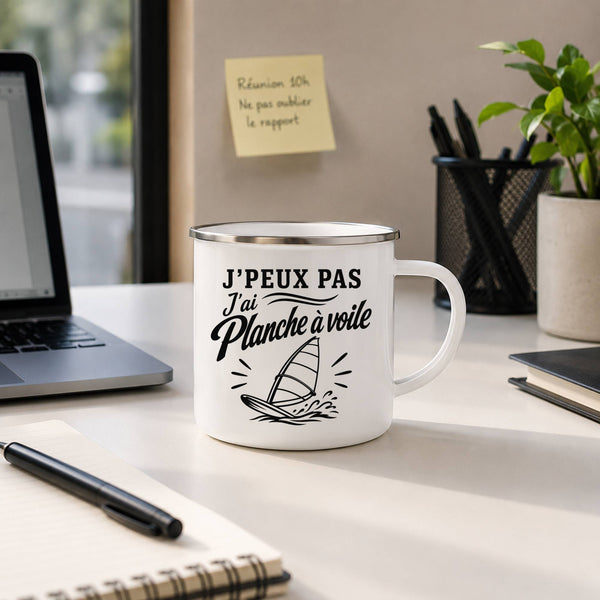 Mug Métal Émaillé J’peux pas j’ai planche à voile J'peux pas minimaliste