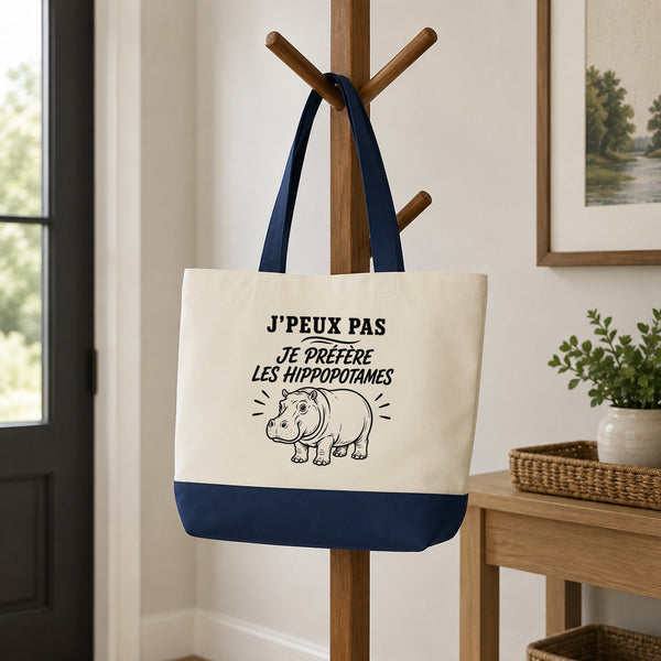 Grand Sac Cabas Fond Bleu J’peux pas je préfère les Hippopotames