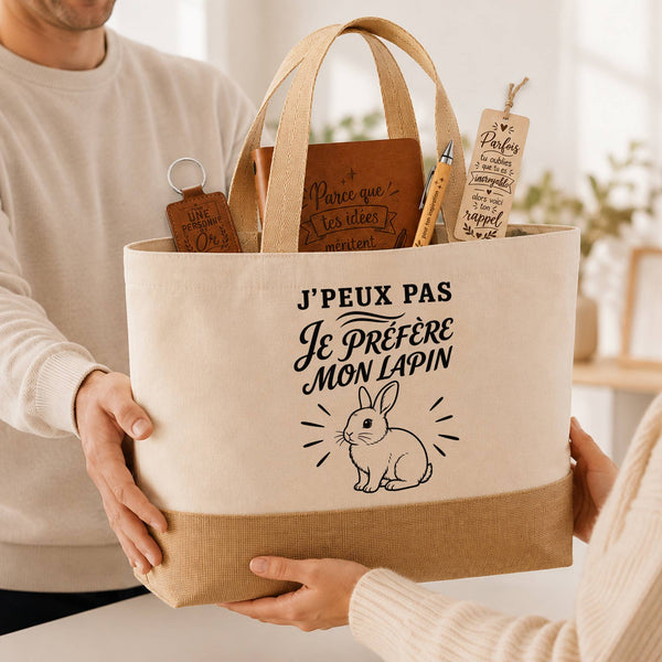 Coffret Cadeau J’peux pas je préfère mon Lapin – Sac jute, carnet, stylo, porte-clés et marque-page