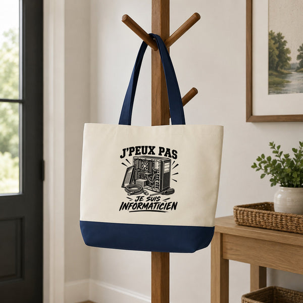 Grand Sac Cabas Fond Bleu J’peux pas je suis Informaticien