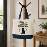 Grand Sac Cabas Fond Bleu J’peux pas je préfère mon Chat noir