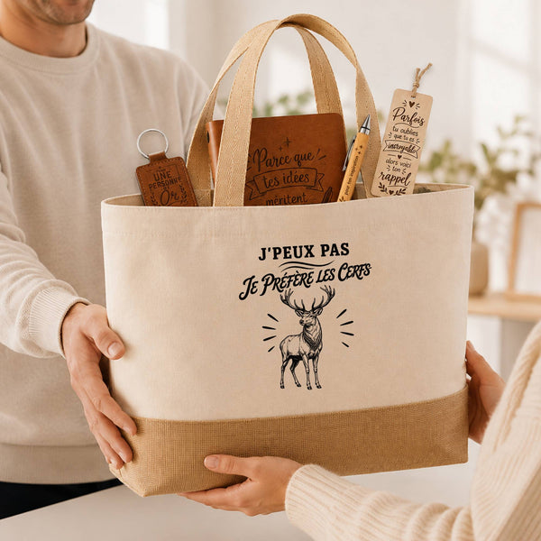 Coffret Cadeau J’peux pas je préfère les Cerfs – Sac jute, carnet, stylo, porte-clés et marque-page