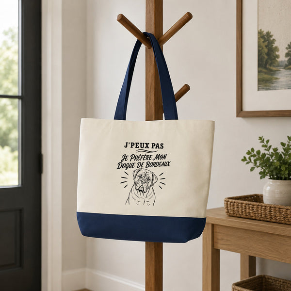 Grand Sac Cabas Fond Bleu J’peux pas je préfère mon Dogue de Bordeaux