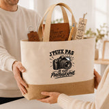 Coffret Cadeau J’peux pas je suis Photographe – Sac jute, carnet, stylo, porte-clés et marque-page