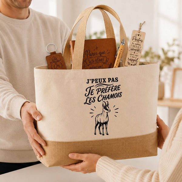 Coffret Cadeau J’peux pas je préfère les Chamois – Sac jute, carnet, stylo, porte-clés et marque-page