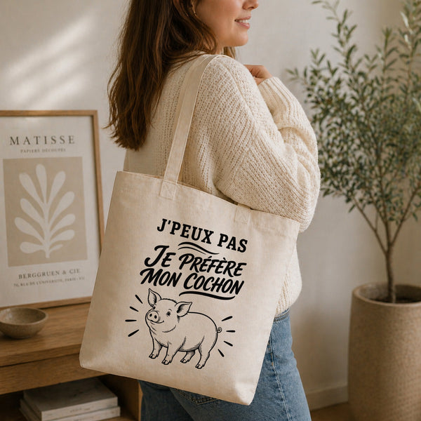 Tote Bag Beige J’peux pas je préfère mon Cochon
