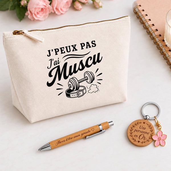 Coffret Cadeau J’peux pas j’ai Muscu – Trousse, stylo bambou et porte-clés