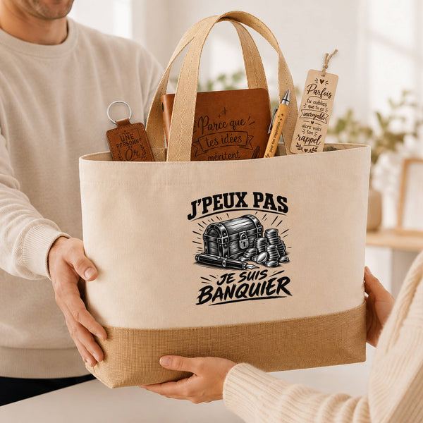 Coffret Cadeau J’peux pas je suis Banquier – Sac jute, carnet, stylo, porte-clés et marque-page