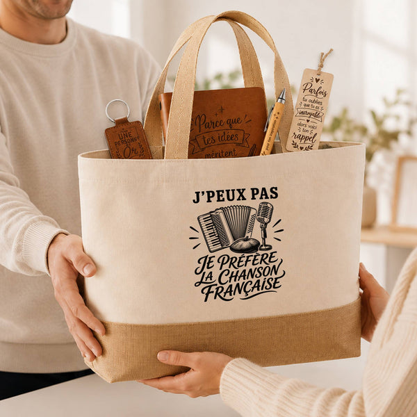 Coffret Cadeau J’peux pas je préfère la Chanson française – Sac jute, carnet, stylo, porte-clés et marque-page