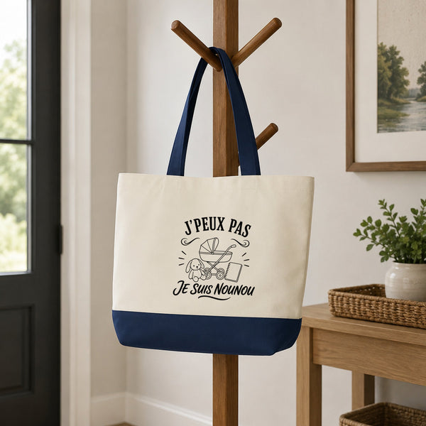 Grand Sac Cabas Fond Bleu J’peux pas je suis Nounou