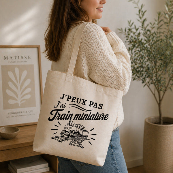 Tote Bag Beige J’peux pas j’ai Train miniature – modélisme ferroviaire (train)