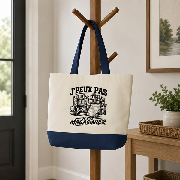 Grand Sac Cabas Fond Bleu J’peux pas je suis Magasinier