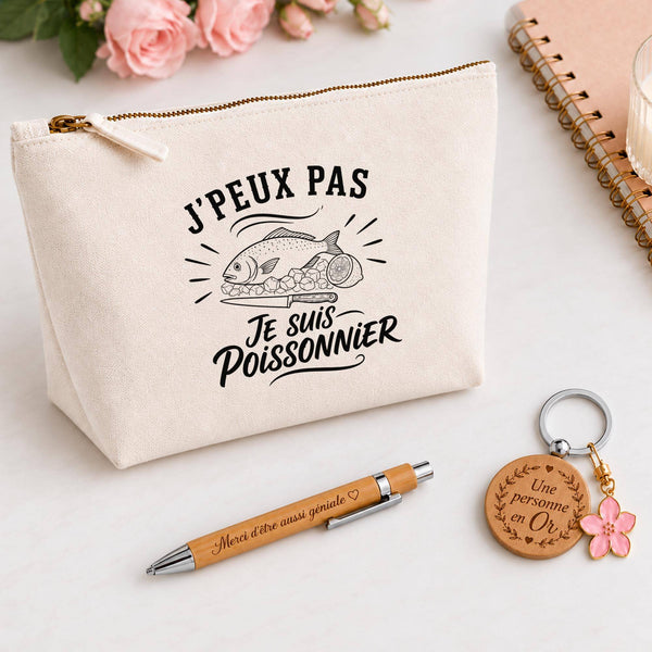 Coffret Cadeau J’peux pas je suis Poissonnier – Trousse, stylo bambou et porte-clés