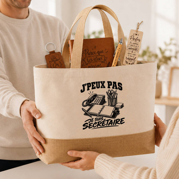Coffret Cadeau J’peux pas je suis Secrétaire – Sac jute, carnet, stylo, porte-clés et marque-page