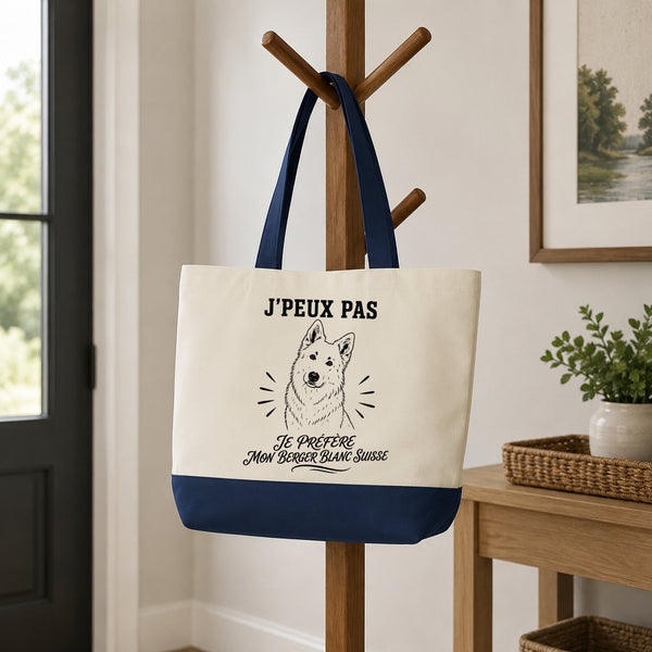 Grand Sac Cabas Fond Bleu J’peux pas je préfère mon Berger Blanc Suisse