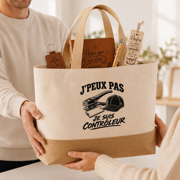 Coffret Cadeau J’peux pas je suis Contrôleur – Sac jute, carnet, stylo, porte-clés et marque-page