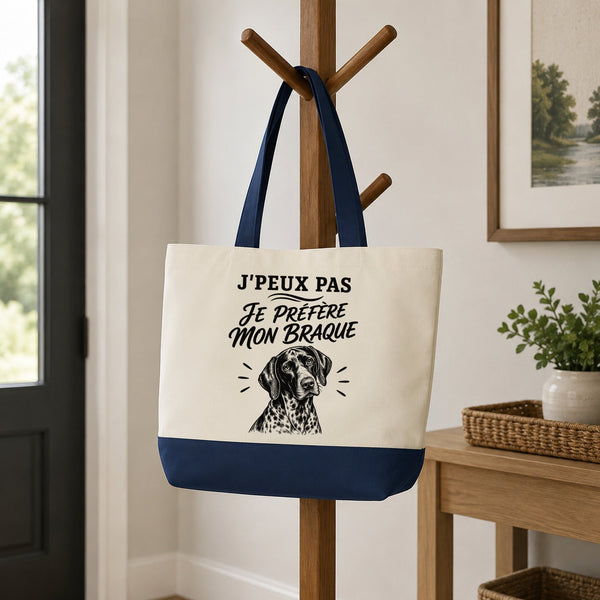 Grand Sac Cabas Fond Bleu J’peux pas je préfère mon Braque