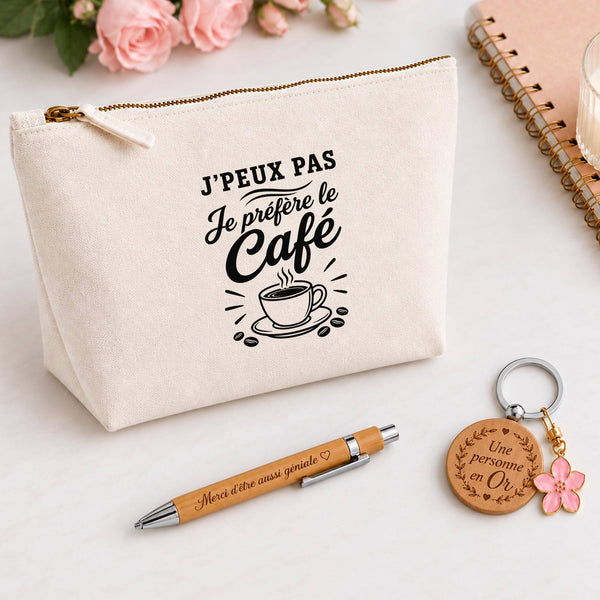 Coffret Cadeau J’peux pas je préfère le Café – Trousse, stylo bambou et porte-clés