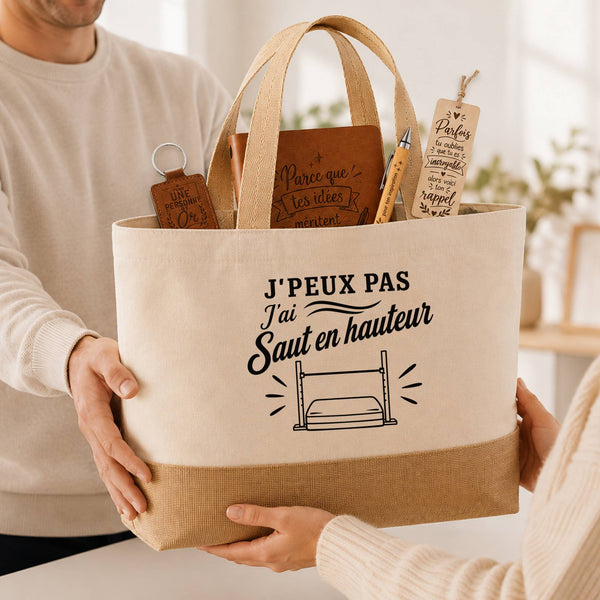 Coffret Cadeau J’peux pas j’ai Saut en hauteur – Sac jute, carnet, stylo, porte-clés et marque-page