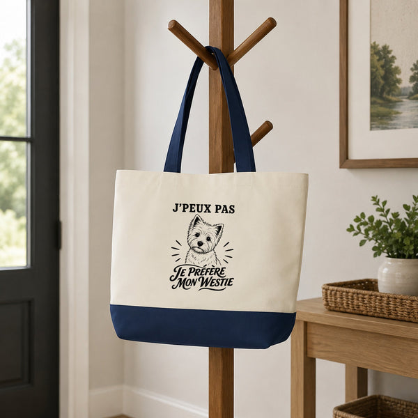 Grand Sac Cabas Fond Bleu J’peux pas je préfère mon Westie