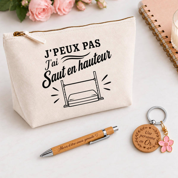 Coffret Cadeau J’peux pas j’ai Saut en hauteur – Trousse, stylo bambou et porte-clés