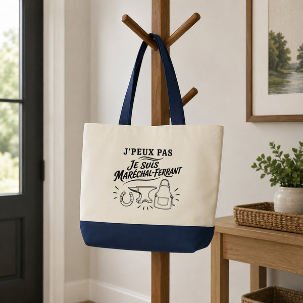 Grand Sac Cabas Fond Bleu J’peux pas je suis Maréchal-ferrant