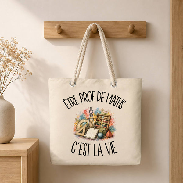 Grand Sac Cabas Beige Être prof de maths c'est la vie