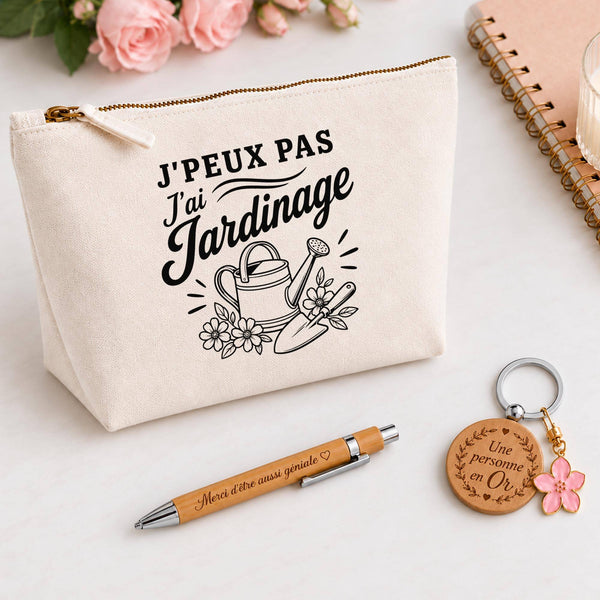 Coffret Cadeau J’peux pas j’ai Jardinage – Trousse, stylo bambou et porte-clés