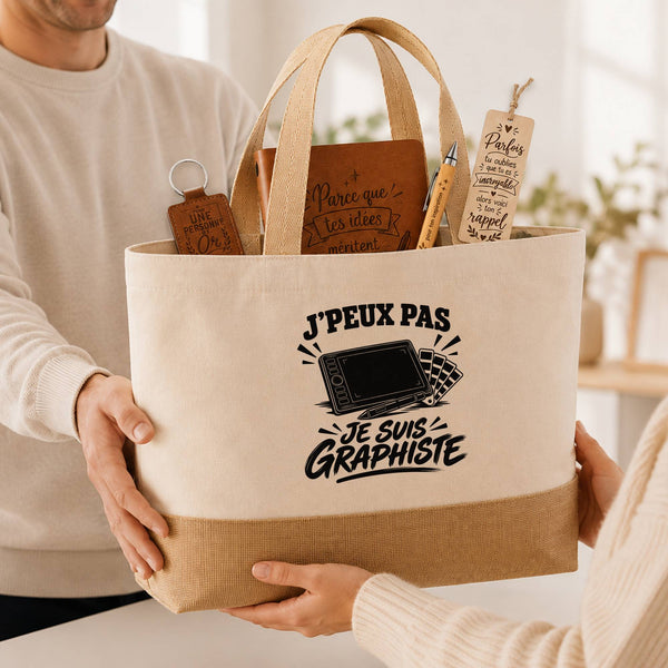 Coffret Cadeau J’peux pas je suis Graphiste – Sac jute, carnet, stylo, porte-clés et marque-page