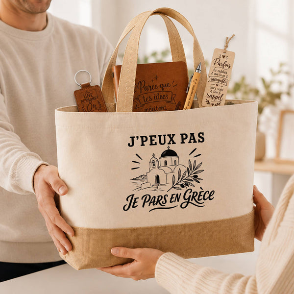 Coffret Cadeau J’peux pas je pars en Grèce – Sac jute, carnet, stylo, porte-clés et marque-page