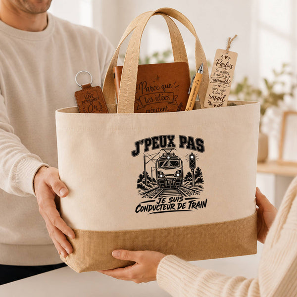 Coffret Cadeau J’peux pas je suis Conducteur de train – Sac jute, carnet, stylo, porte-clés et marque-page