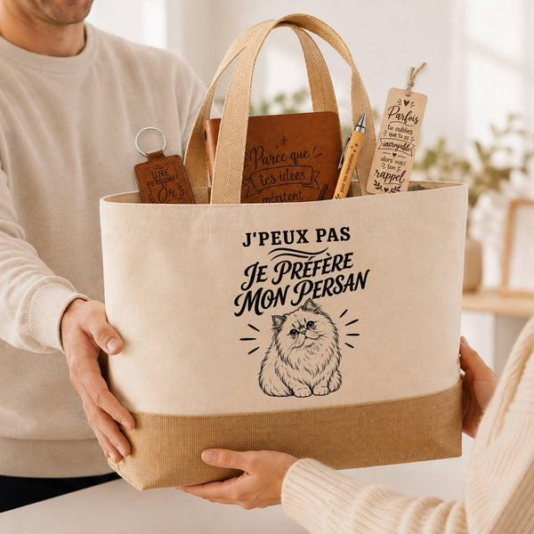Coffret Cadeau J’peux pas je préfère mon Persan – Sac jute, carnet, stylo, porte-clés et marque-page