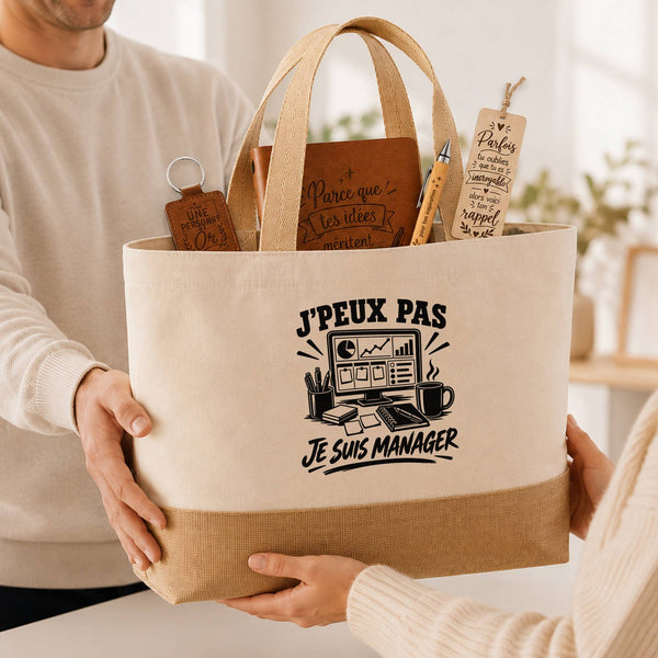 Coffret Cadeau J’peux pas je suis Manager – Sac jute, carnet, stylo, porte-clés et marque-page
