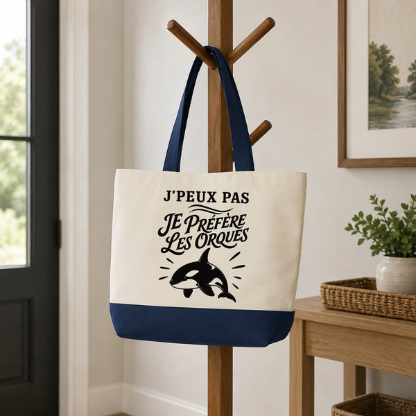 Grand Sac Cabas Fond Bleu J’peux pas je préfère les Orques