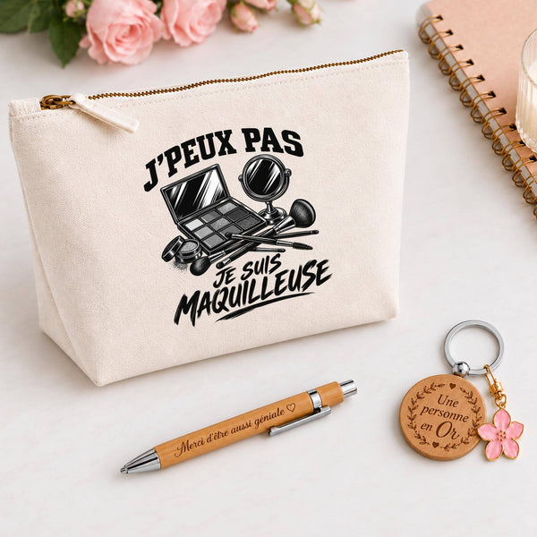 Coffret Cadeau J’peux pas je suis Maquilleuse – Trousse, stylo bambou et porte-clés