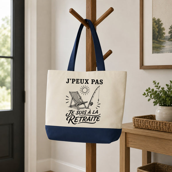 Grand Sac Cabas Fond Bleu J’peux pas je suis à la Retraite