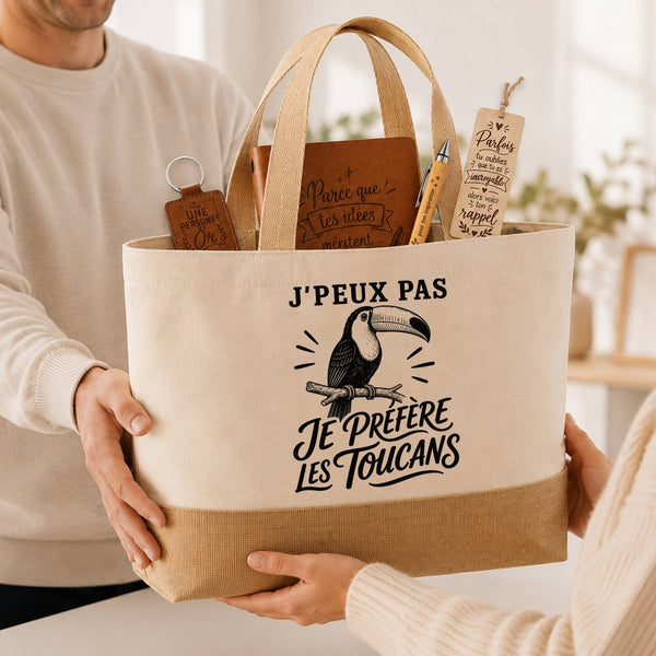 Coffret Cadeau J’peux pas je préfère les Toucans – Sac jute, carnet, stylo, porte-clés et marque-page