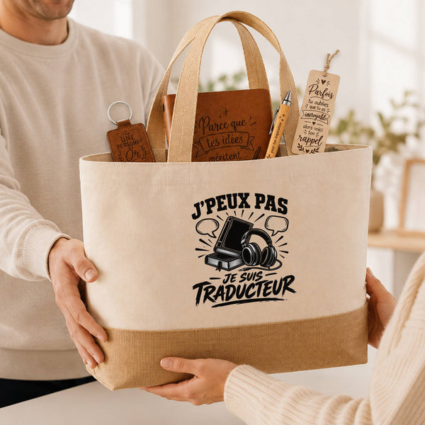 Coffret Cadeau J’peux pas je suis Traducteur – Sac jute, carnet, stylo, porte-clés et marque-page