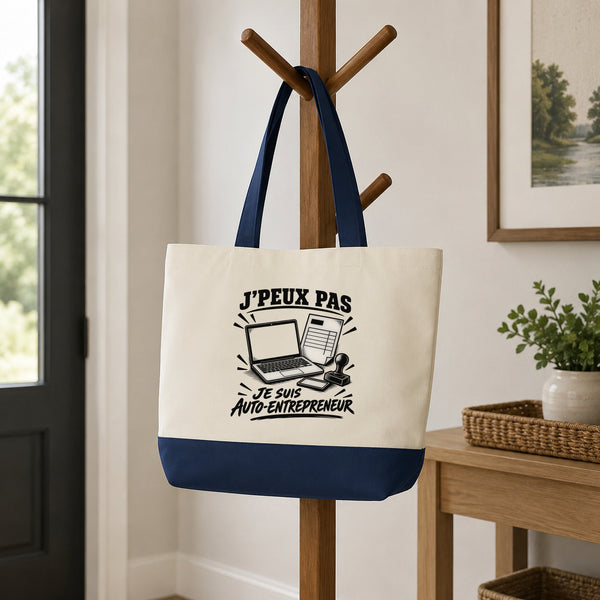 Grand Sac Cabas Fond Bleu J’peux pas je suis Auto-entrepreneur