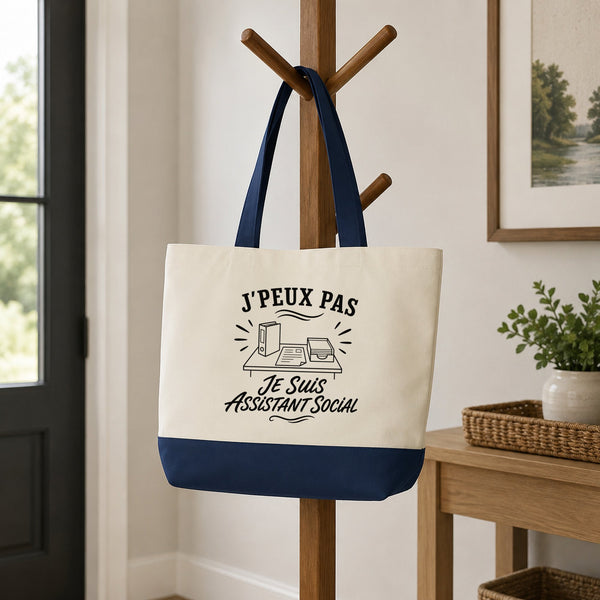 Grand Sac Cabas Fond Bleu J’peux pas je suis Assistant social