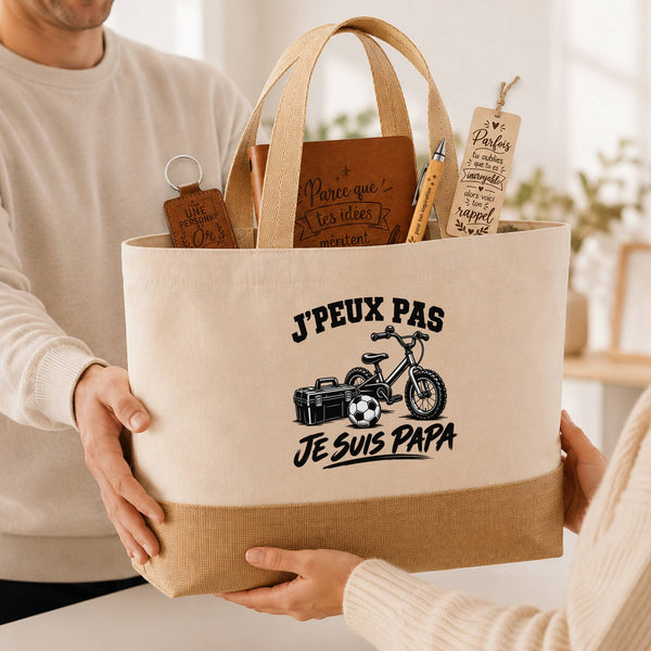 Coffret Cadeau J’peux pas je suis Papa – Sac jute, carnet, stylo, porte-clés et marque-page